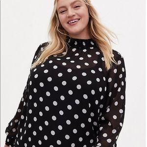 Black Sheer Chiffon Polka Dot Smocked Neck blouse